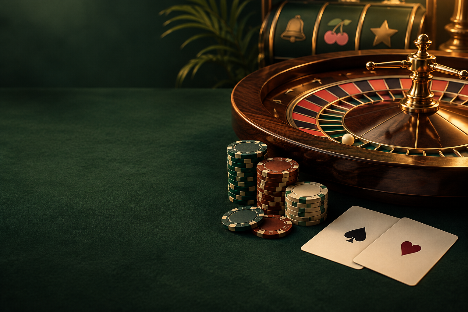 Roda roulette, kartu dan keping dengan cahaya tembaga